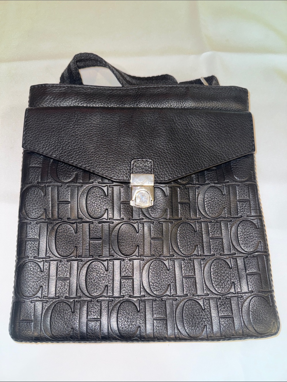 Carolina Herrera Black Embossed CH Monogram Leather Messenger Bag